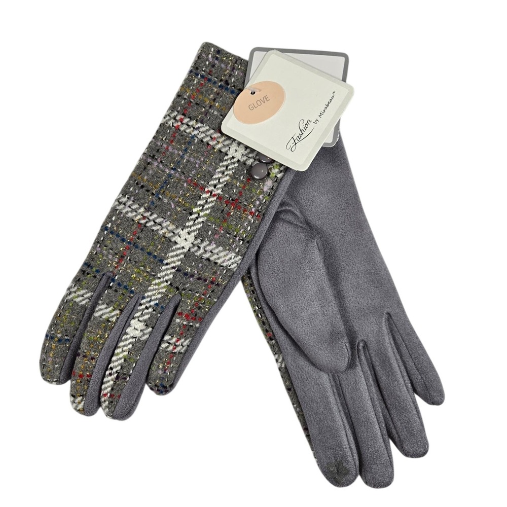 Fashion by Mirabeau Plaid Gloves Womens One Size Grey Multi Metallic Button Trim